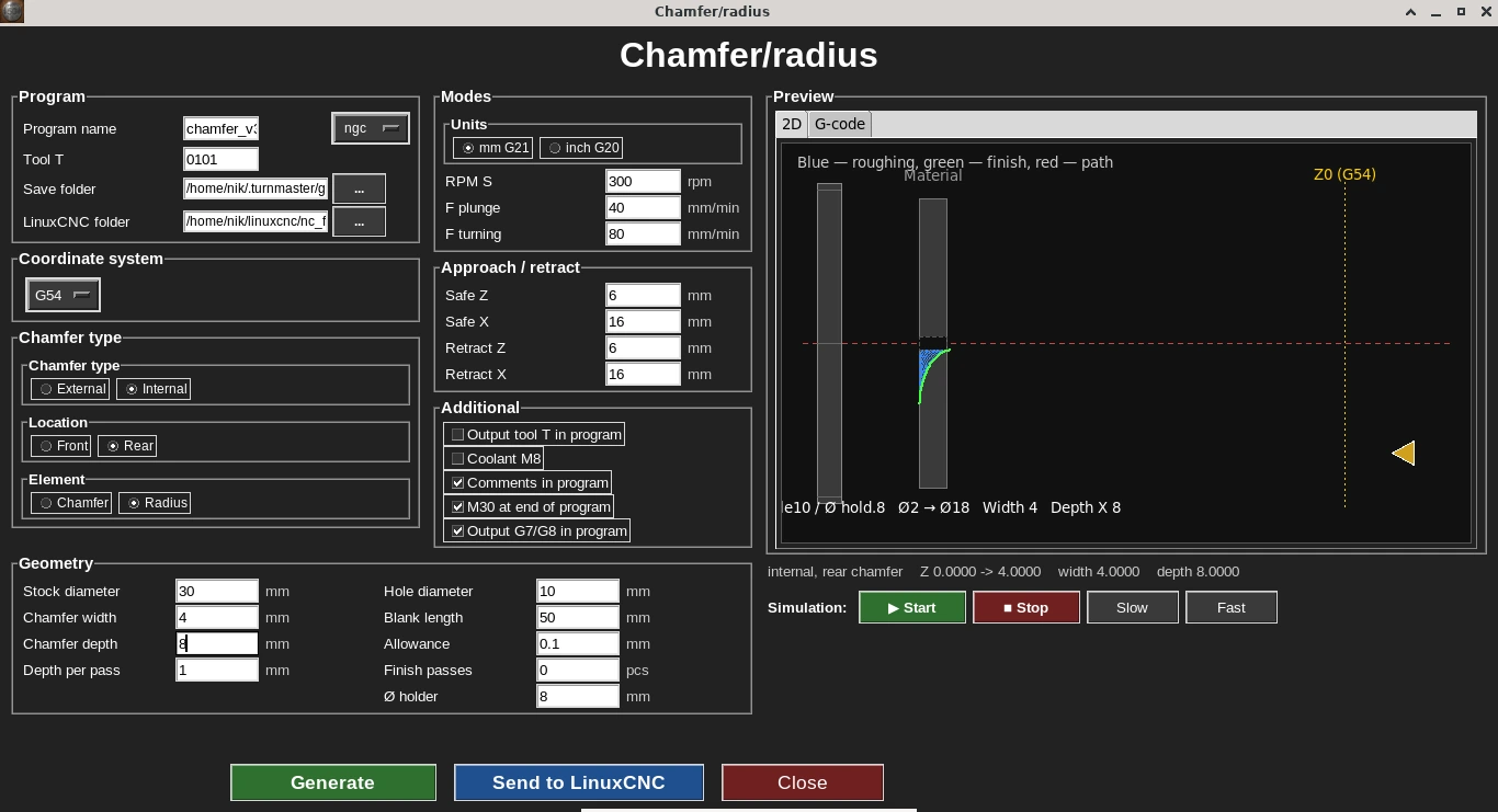 Chamfer/radius cycle form (internal, rear, radius)
